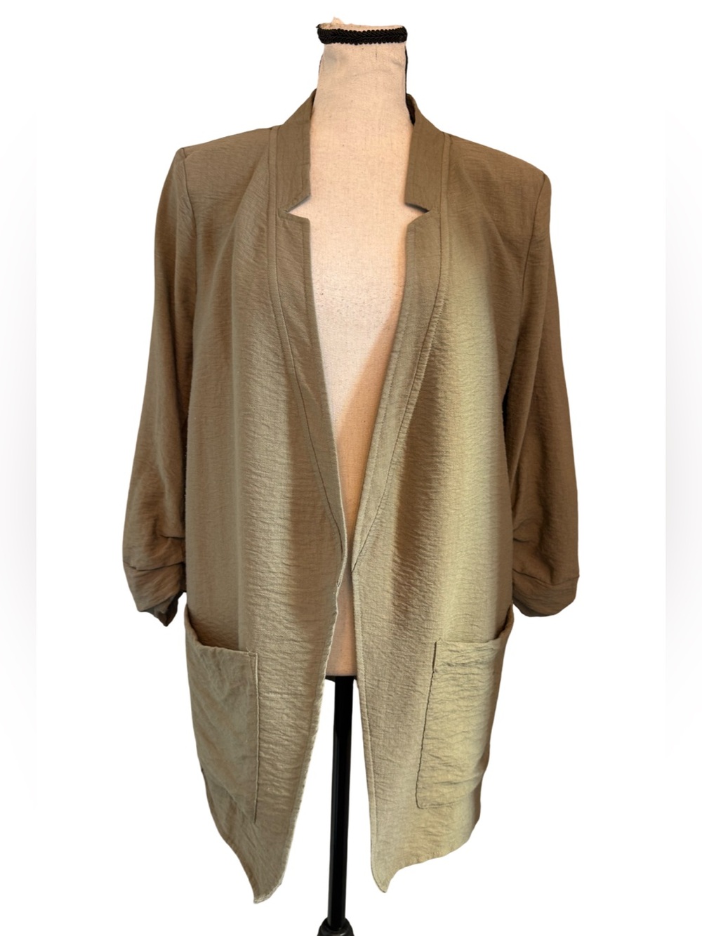 DKNY Large Open Front Blazer Jacket Rayon Blend Taupe Neutral Workwear